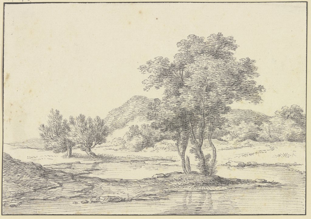 Baumgruppe am Wasser, links zwei Weidenbäume, im Hintergrund Berge, Ferdinand Kobell