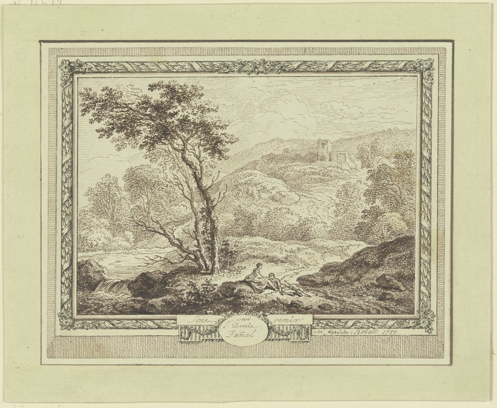 Gebirgslandschaft mit einer Ruine und zwei unter einem Baum ruhenden Wanderern, Ferdinand Kobell