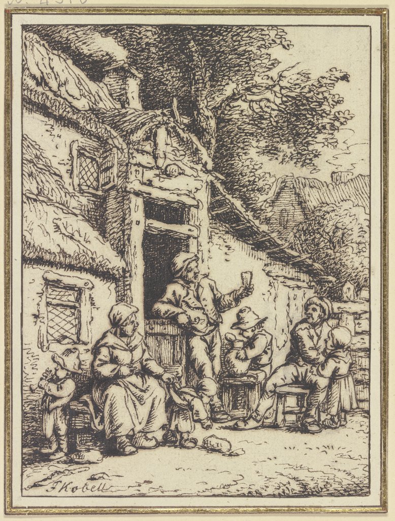 Bauernpaar mit fünf Angehörigen vor einem Haus, Ferdinand Kobell