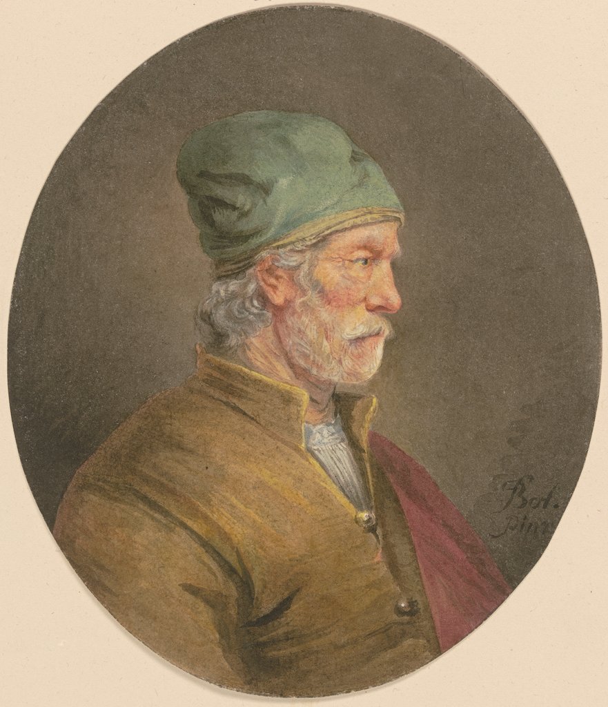 Alter Mann mit weißem Schnurrbart, grüner Mütze und gelbem Wams im Profil nach rechts, Unbekannt, 17. Jahrhundert, nach Ferdinand Bol