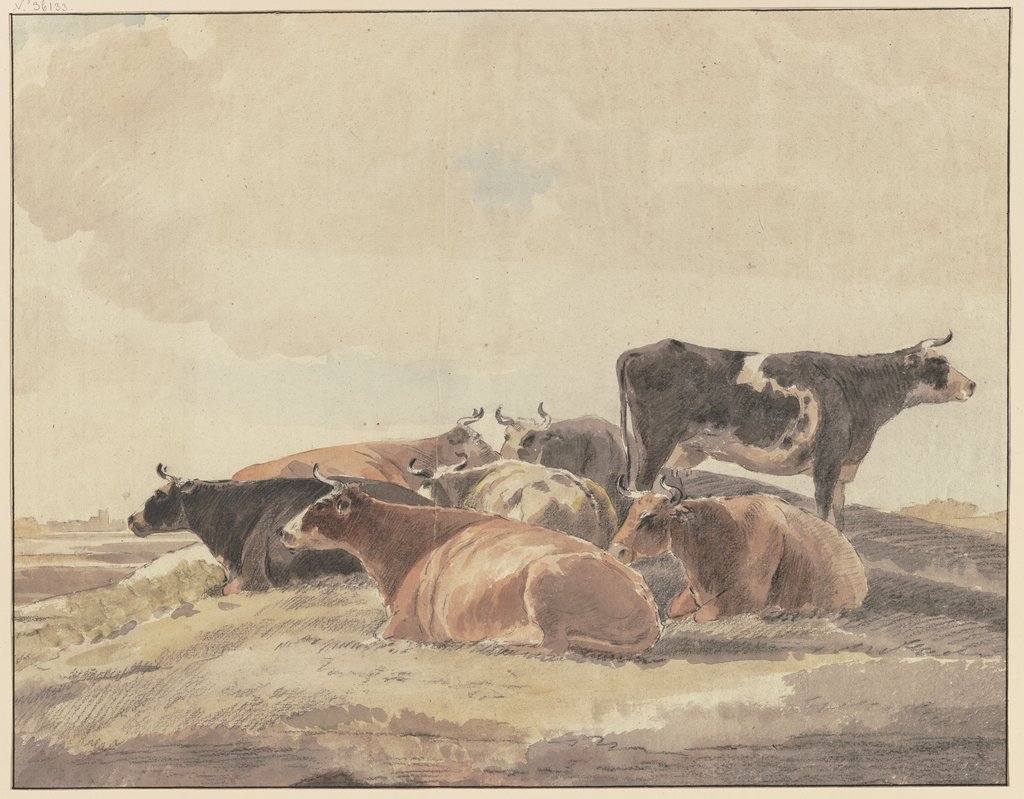Auf einem Hügel sechs liegende und eine stehende Kuh, Andries Vermeulen, nach Aelbert Cuyp