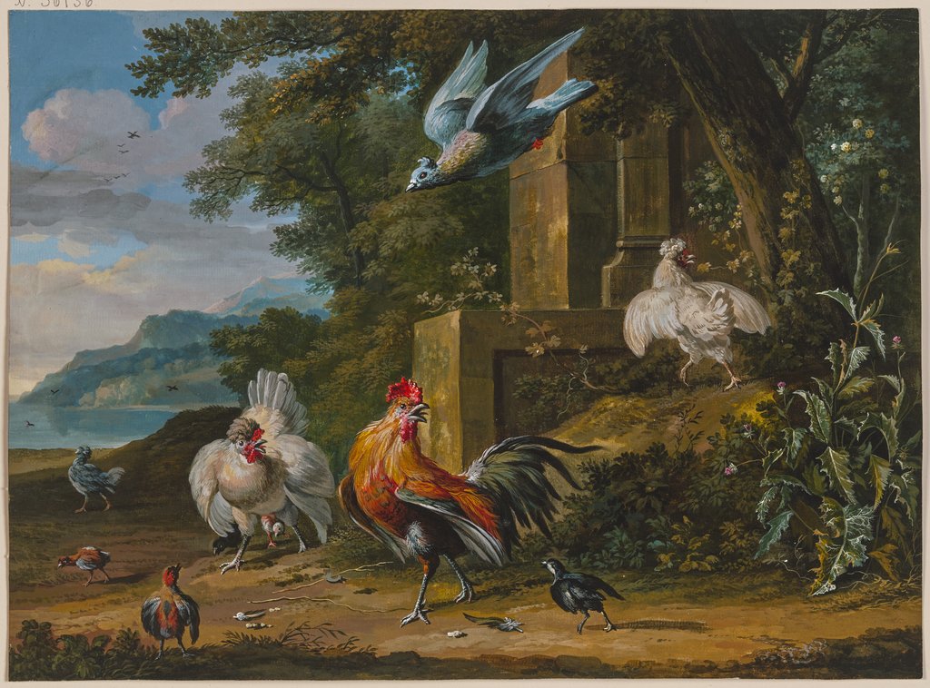 Eine Taube stürzt auf eine Gruppe von Hühnern hinab, Dirck Dalens III, nach Melchior de Hondecoeter