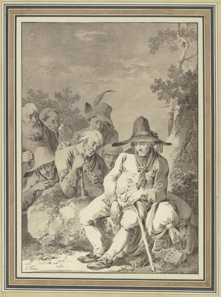 Sitzender Bauer mit großem Hut, bei seinem Gepäck rastend, und sechs Begleiter, Tiberius Dominikus Wocher