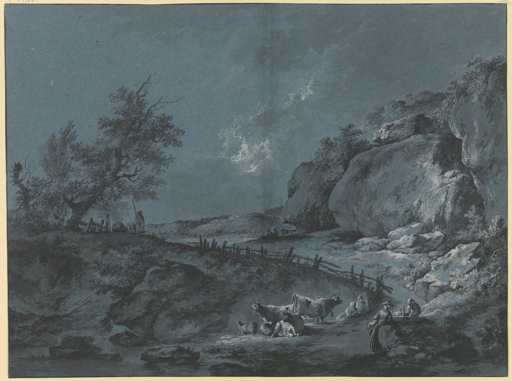 Bergweg am Fuß von Felsen, an der Biegung durch einen Lattenzaun begrenzt, iIm Vordergrund Hirten, Rinder und Schafe, Heinrich Wüest