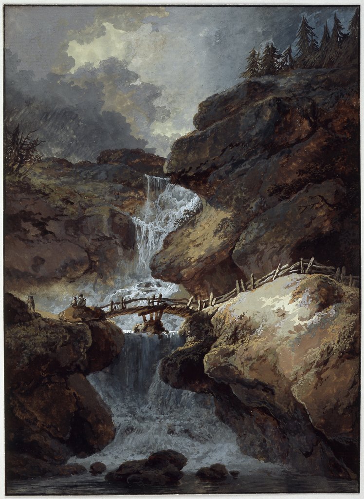 Wasserfall in einer Felsenschlucht bei Gewitterstimmung, Heinrich Wüest