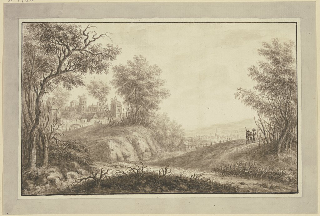 Waldweg, links Durchblick auf eine Schloßruine, rechts in der Ferne ein Städtchen, Johann Caspar Zehender