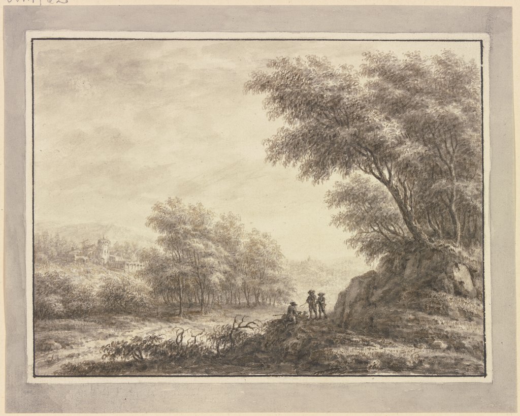 Waldweg mit drei Jägern, links Durchblick auf eine Schloßanlage, Johann Caspar Zehender