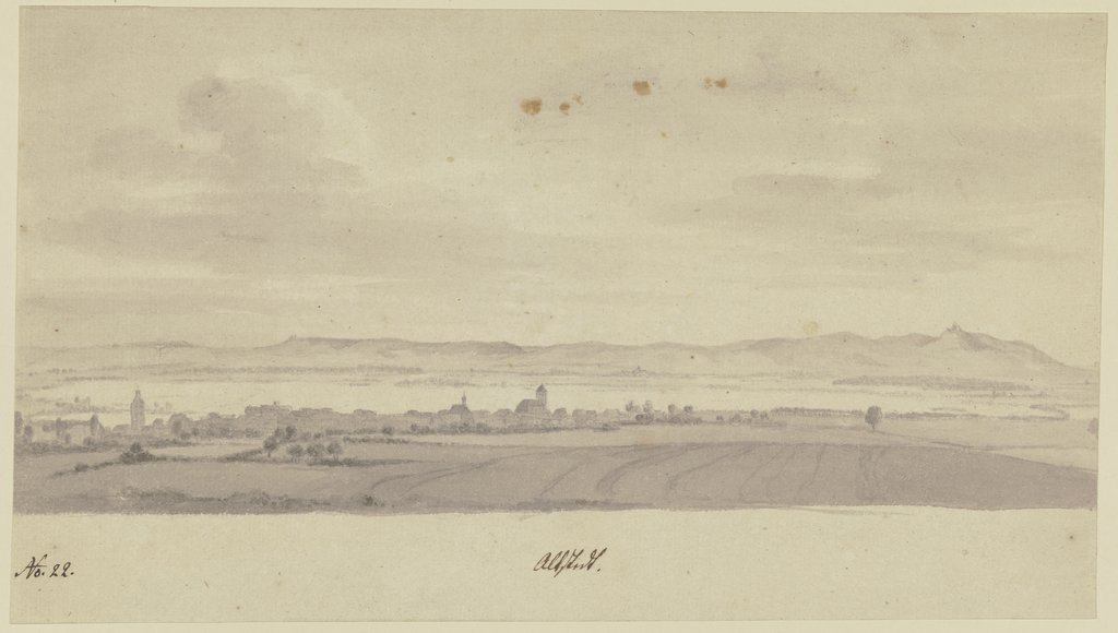 Stadtsilhouette vor einem Fluß (wohl Altstätten, Kanton St. Gallen, mit dem Rheintal), Johann Caspar Zehender