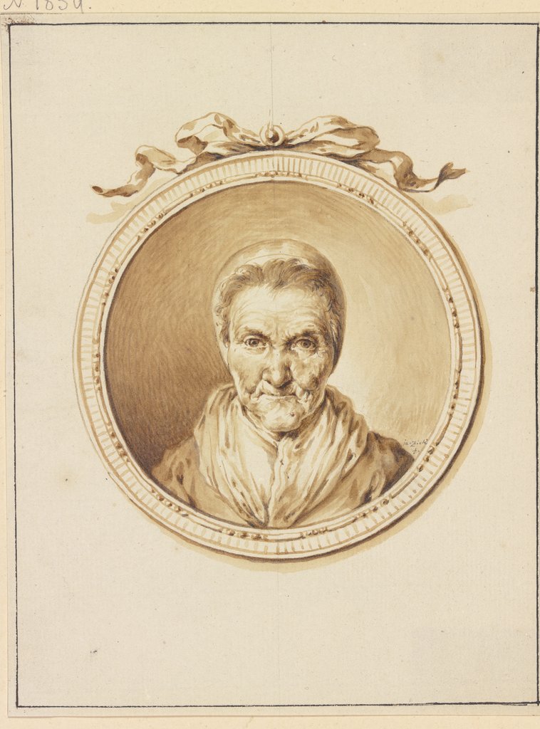 Bildnis einer alten Frau en face in einem Medaillon mit Schmuckband, Januarius Zick
