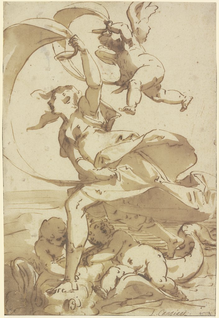 Eine Frau segelt auf einem Meerwesen mit Amoretten übers Wasser, Luca Cambiaso;  Umkreis, Giovanni Battista Paggi;   ?