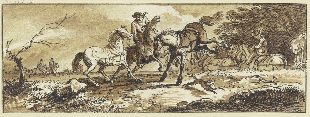 Reiter mit zwei Handpferden, eines schlägt aus, im Hintergrund ein Fuhrwerk und andere Reiter, Ferdinand Kobell