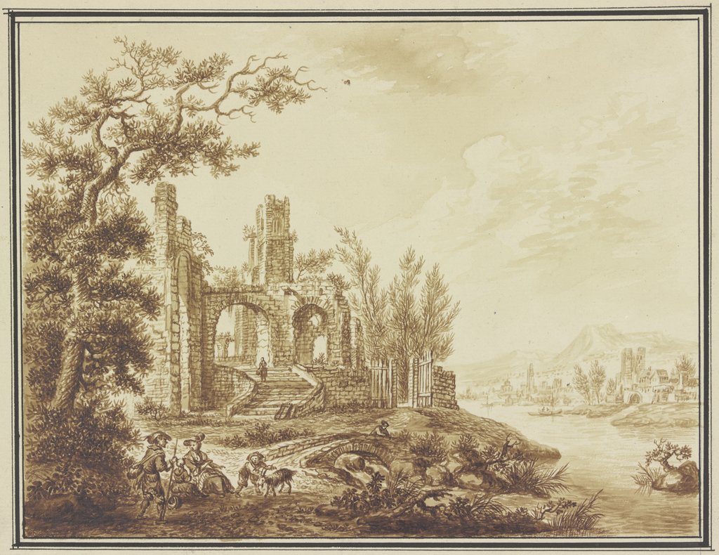 Links unter einem Baum Ruinen, rechts Ausblick auf eine Flußlandschaft, im Vordergrund ein rastendes Paar mit zwei Kindern, Franz Hochecker