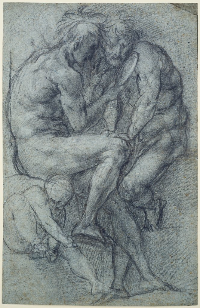 Aktstudien (Zwei sitzende Männer, in einen Handspiegel blickend, und ein sitzender Knabe), Jacopo Pontormo