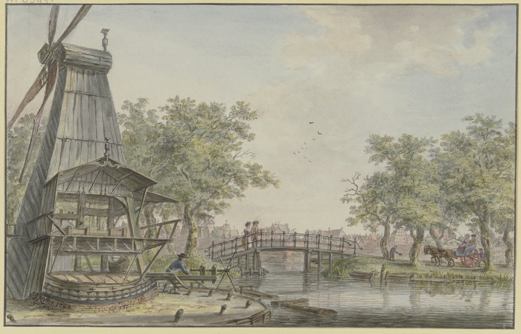 Holländische Landschaft an einem Kanal, über den eine Brücke führt, Johann Jakob Koller