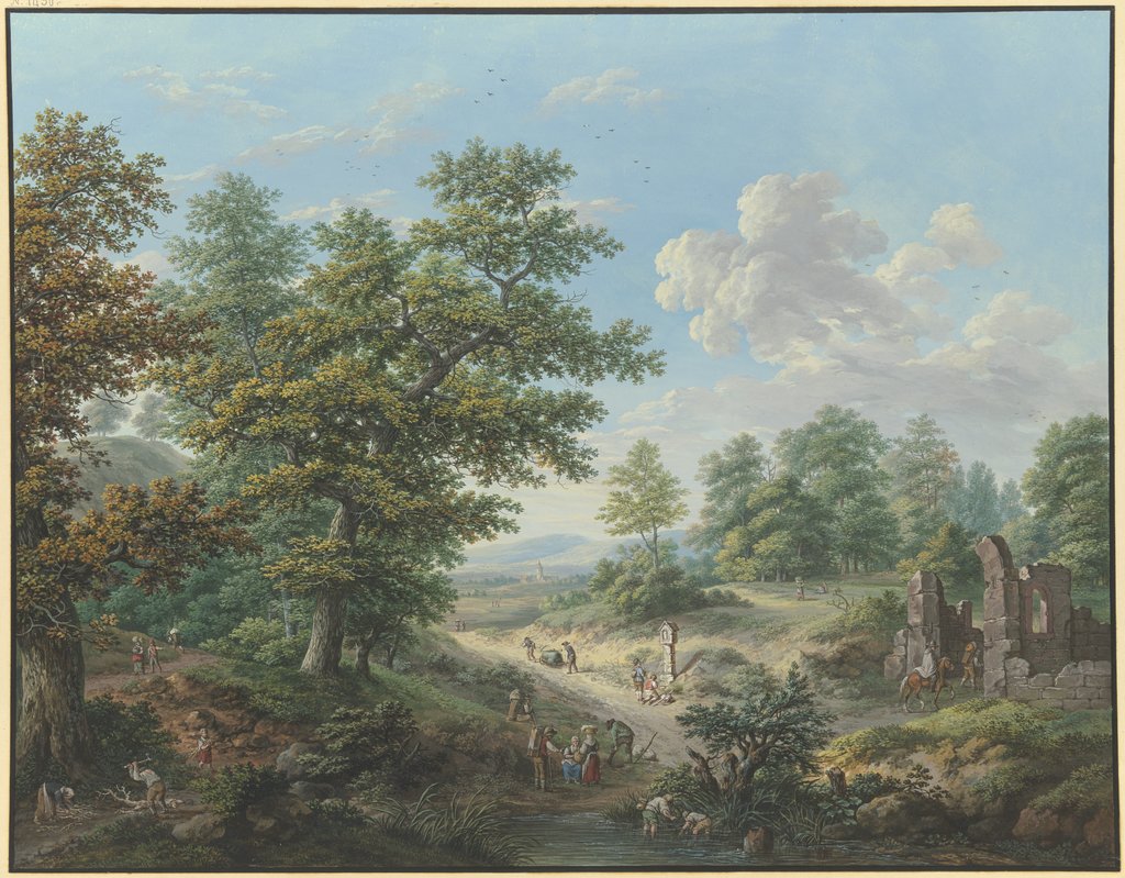 Waldausgang, rechts die Ruine einer Kapelle, in die ein Reiter hineinreitet, Karl Franz Kraul