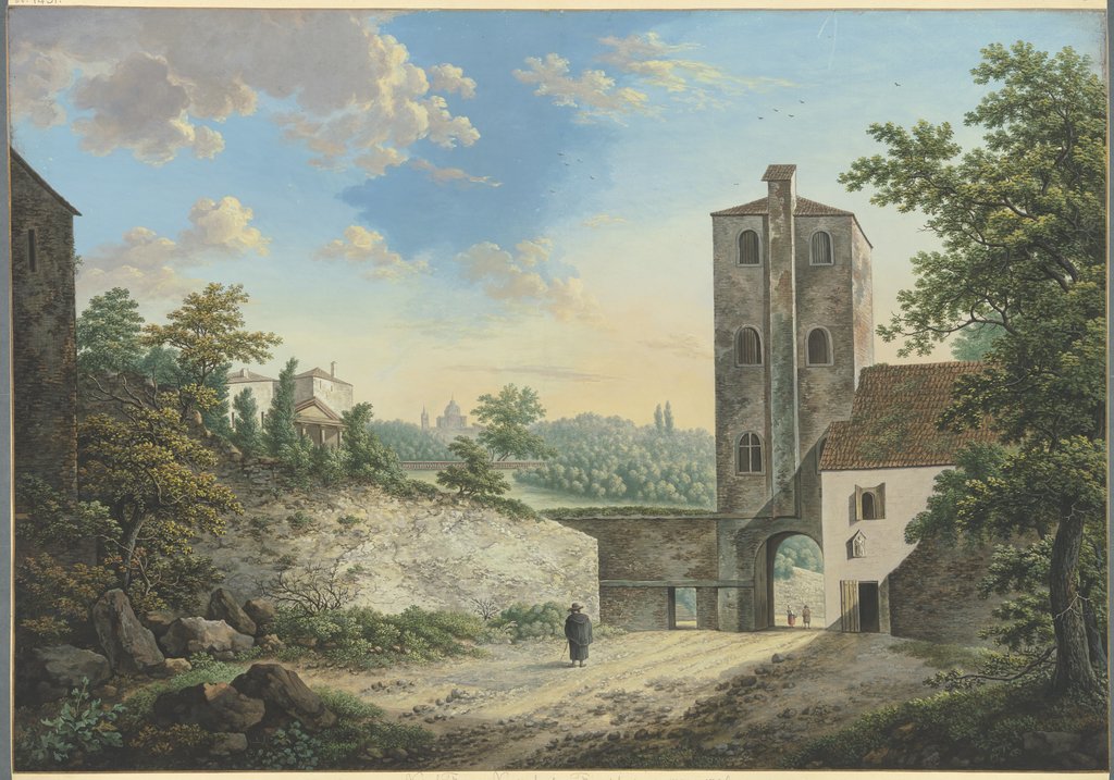 Italienische Phantasielandschaft mit einem Turm und Torausgang, links auf der Höhe ein Tempel, vorne ein Pilger, Karl Franz Kraul