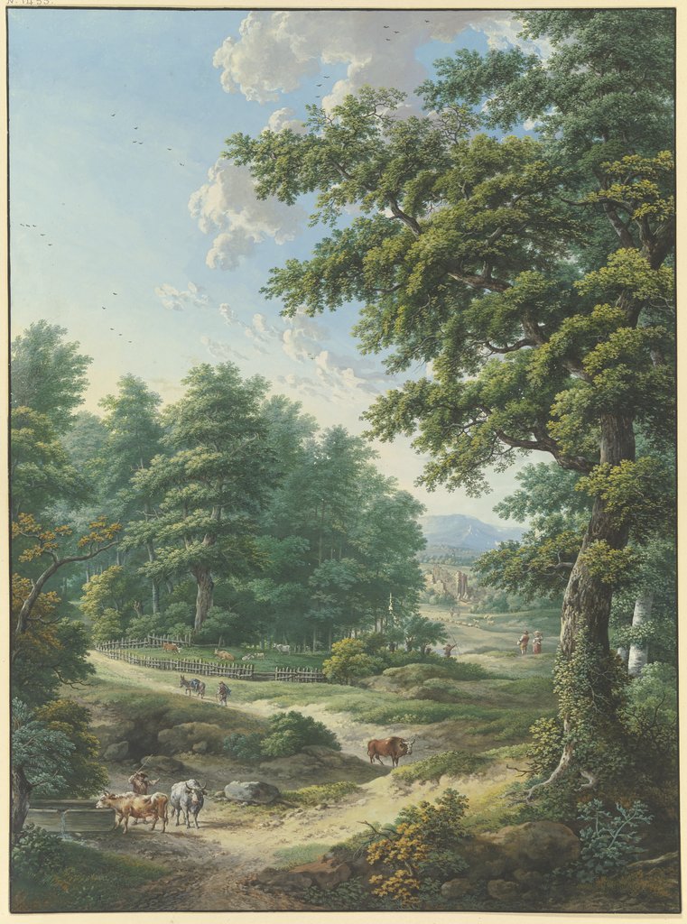 Umzäunter Weideplatz im Wald, im Vordergrund eine Viehtränke, Karl Franz Kraul