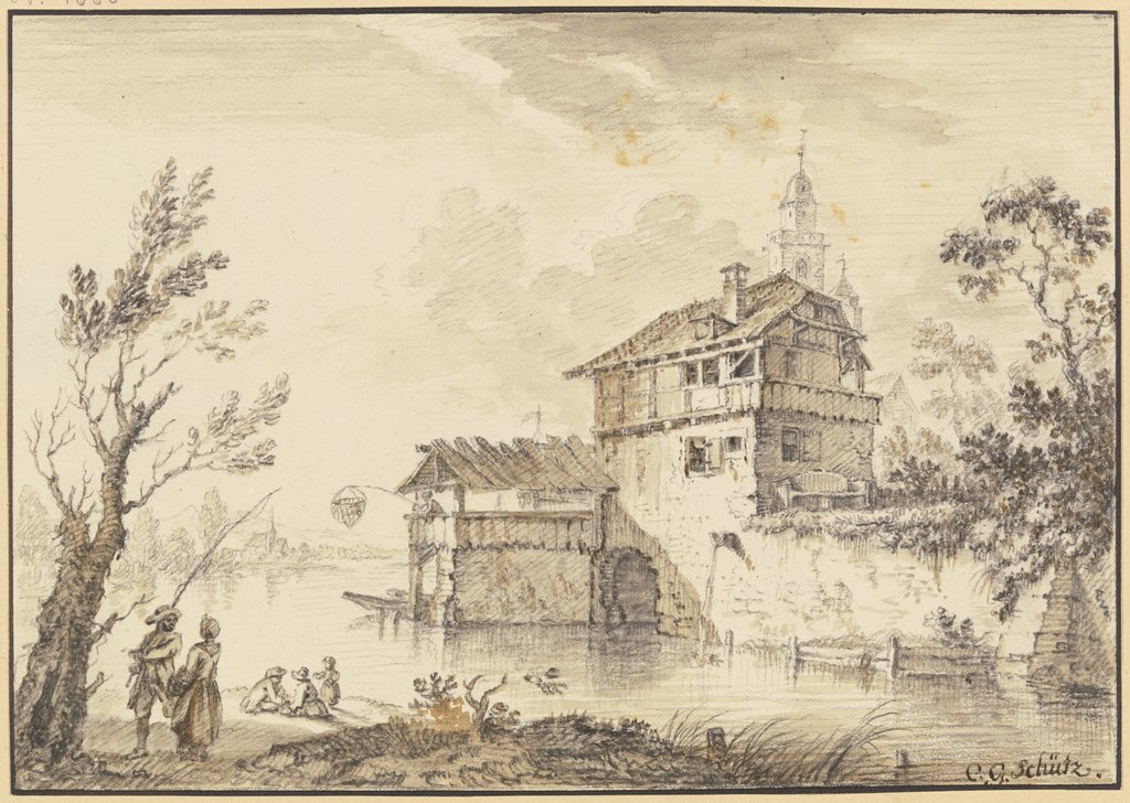 Häuser an einem Wasser, von einem Vorbau aus fischt ein Mann mit einem Netz, links an einem Baum ein Angler mit seiner Frau, Christian Georg Schütz d. Ä.
