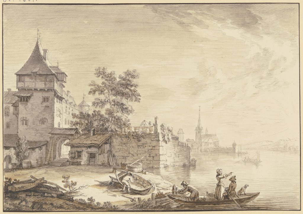 Stadttor bei einem Turm am Wasser (Oestrich), vorne ein Kahn mit drei Personen und einem Hund, Christian Georg Schütz d. Ä.