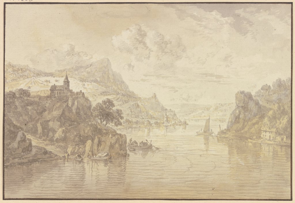 Blick in ein Flusstal mit felsigen Ufern, links auf einem Felsen eine Kirche, Franz Schütz
