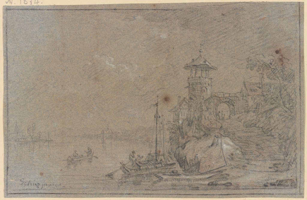 Turm mit Torbogen am Flußufer, im Vordergrund Boote, Franz Schütz, Heinrich Joseph Schütz;   ?