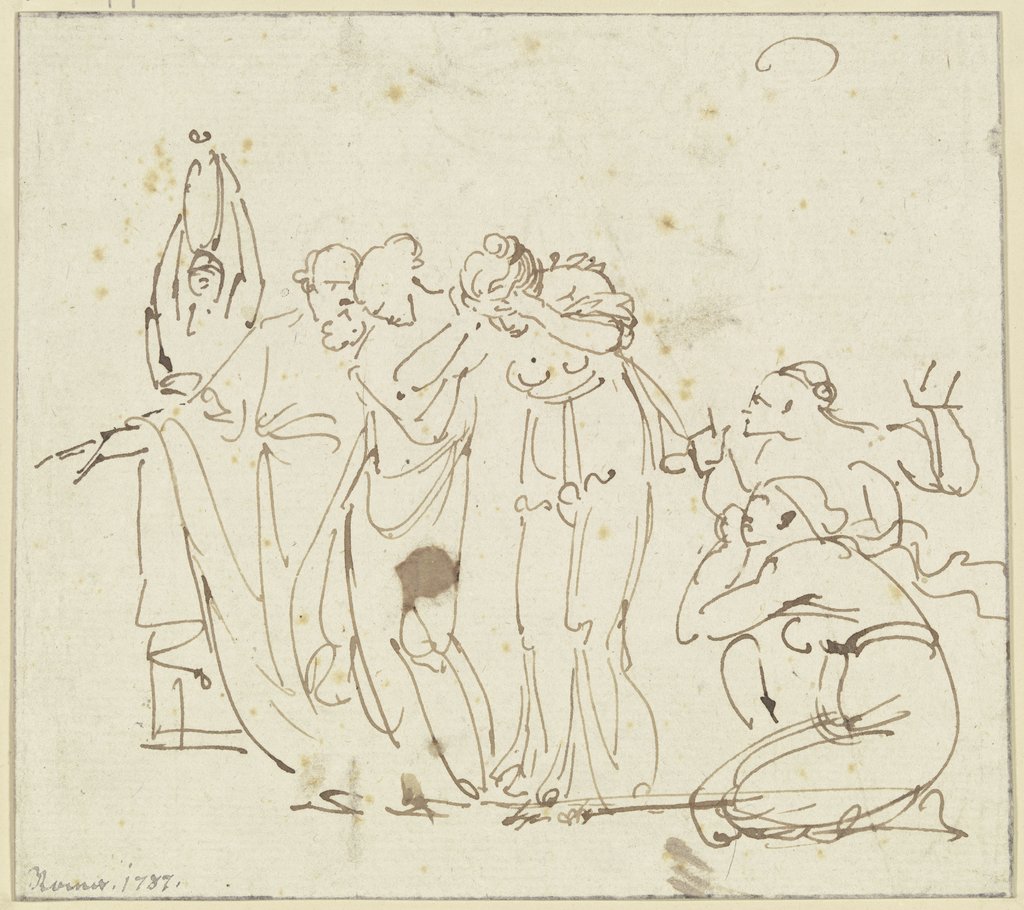 Ungedeutete Szene: Ein bärtiger Mann schreitet mit zwei betrübten Frauen nach links, rechts zwei kniende Klagende, links eine Figur mit einem Gefäß auf dem Kopf, Johann Georg Schütz