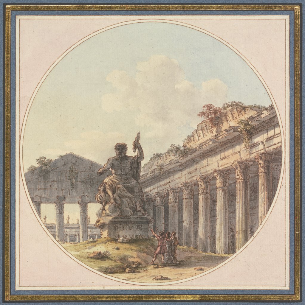 Architektonisches Capriccio: Inneres einer Tempelruine mit einer Statue des Jupiter tonans und Figurenstaffage, Victor Jean Nicolle