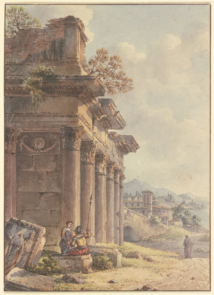 Architektonisches Capriccio: Ruinen einer Tempelfassade, im Hintergrund Landschaft mit Gebäuden und Seebucht, Victor Jean Nicolle