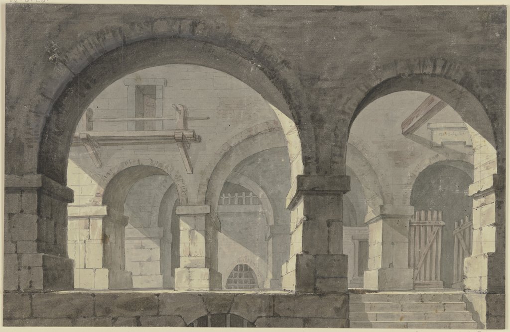 Blick in ein Gebäude mit mächtigen Bogen und vergitterten Fenstern, Georg Melchior Kraus