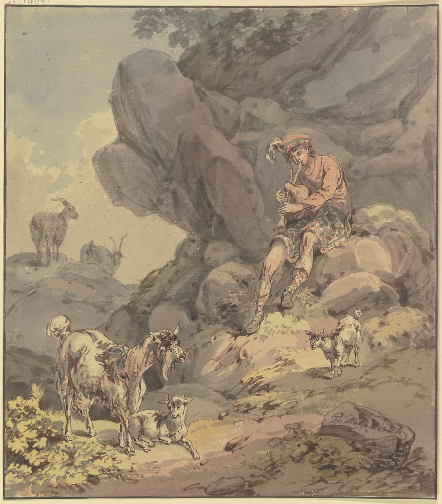 Schottischer Hirte mit seiner Ziegenherde vor einer Felswand sitzend, Dudelsack blasend, Franz Joseph Manskirsch