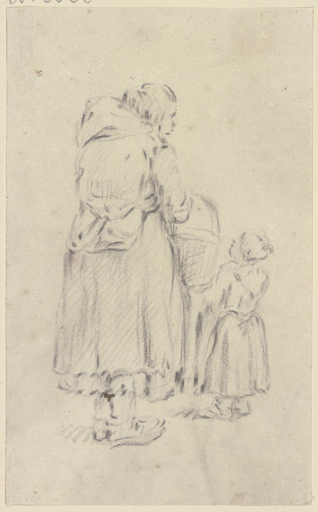 Alte Frau mit Henkelkorb, rechts neben ihr ein kleines Mädchen, beide vom Rücken gesehen, Georg Melchior Kraus