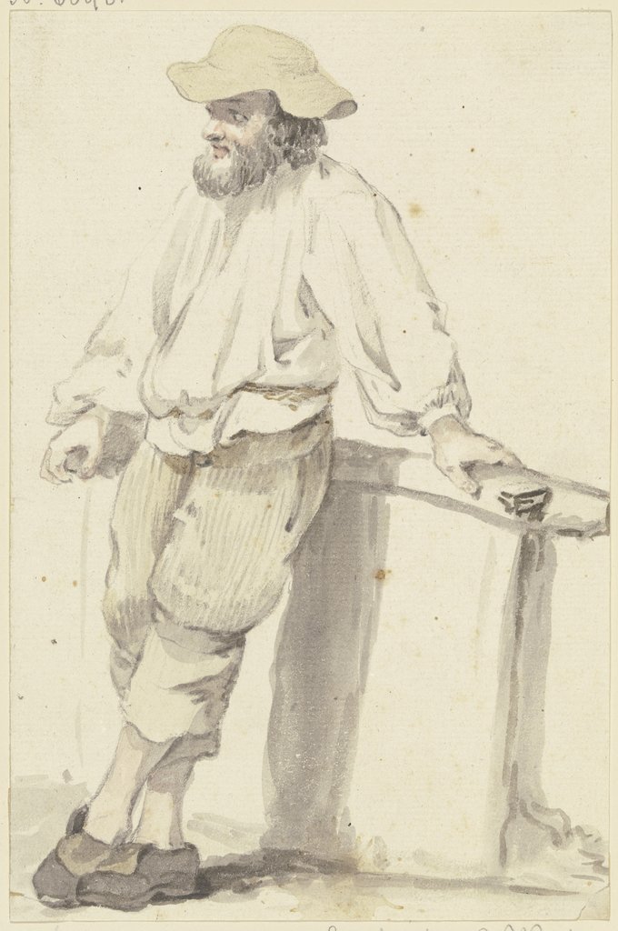 Bärtiger Mann mit flachem Hut, an ein Geländer gelehnt, Georg Melchior Kraus