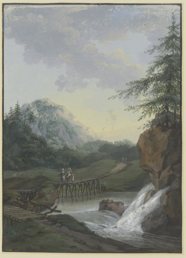 Landschaft mit einem Wasserfall und einem Steg, auf dem zwei Frauen und ein Kind gehen, Louise van Panhuys