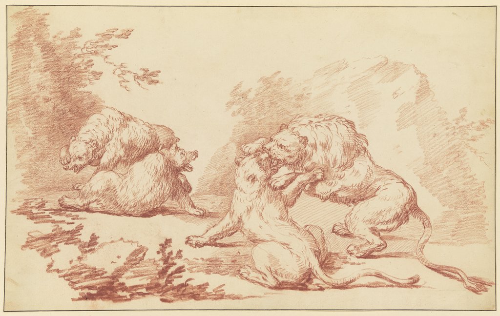 Zwei kämpfende Löwen und zwei kämpfende Bären, Johann Ludwig von Pfeiff