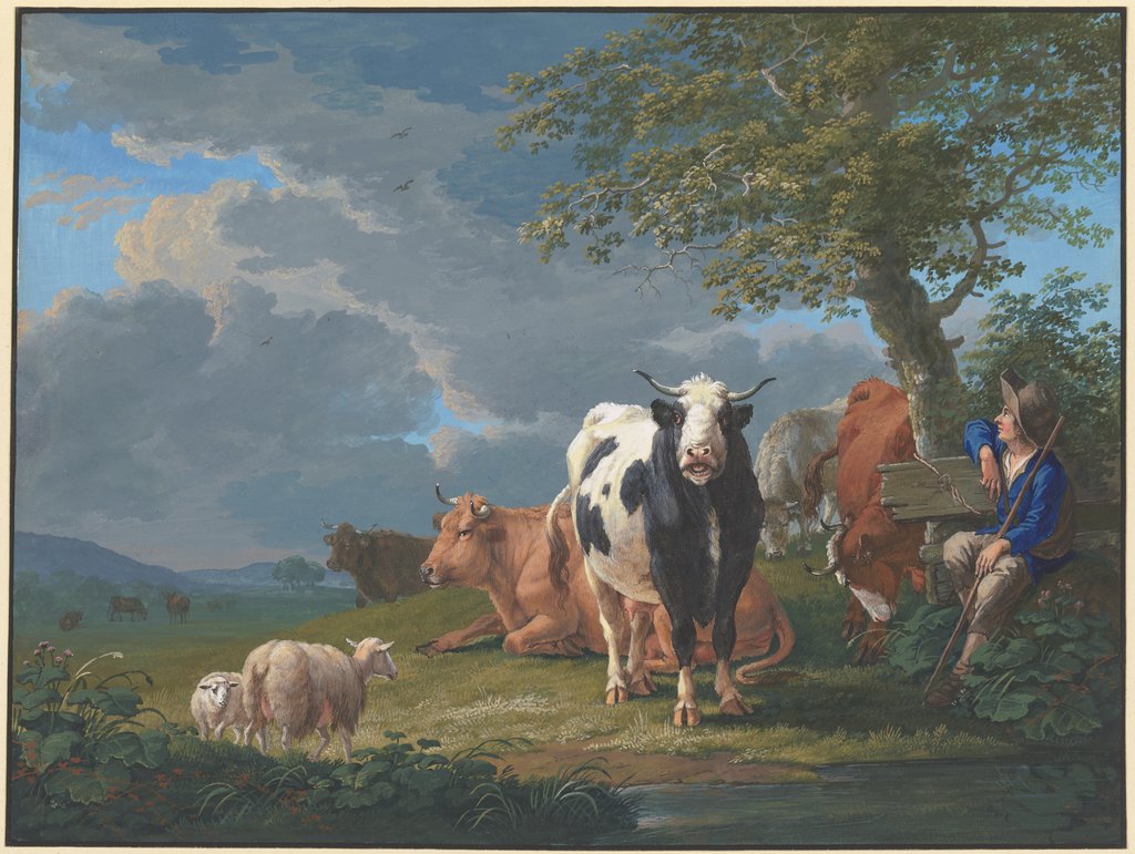 Hirte unter einem Baum mit seiner Rinderherde und zwei Schafen, Johann Georg Pforr