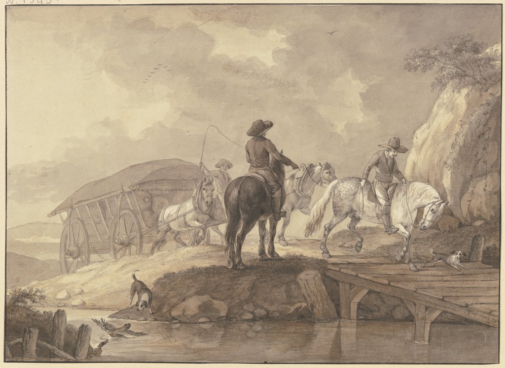 Ein mit Säcken beladener Lastwagen, begleitet von zwei Reitern und zwei Hunden, fährt über eine Brücke, Johann Georg Pforr
