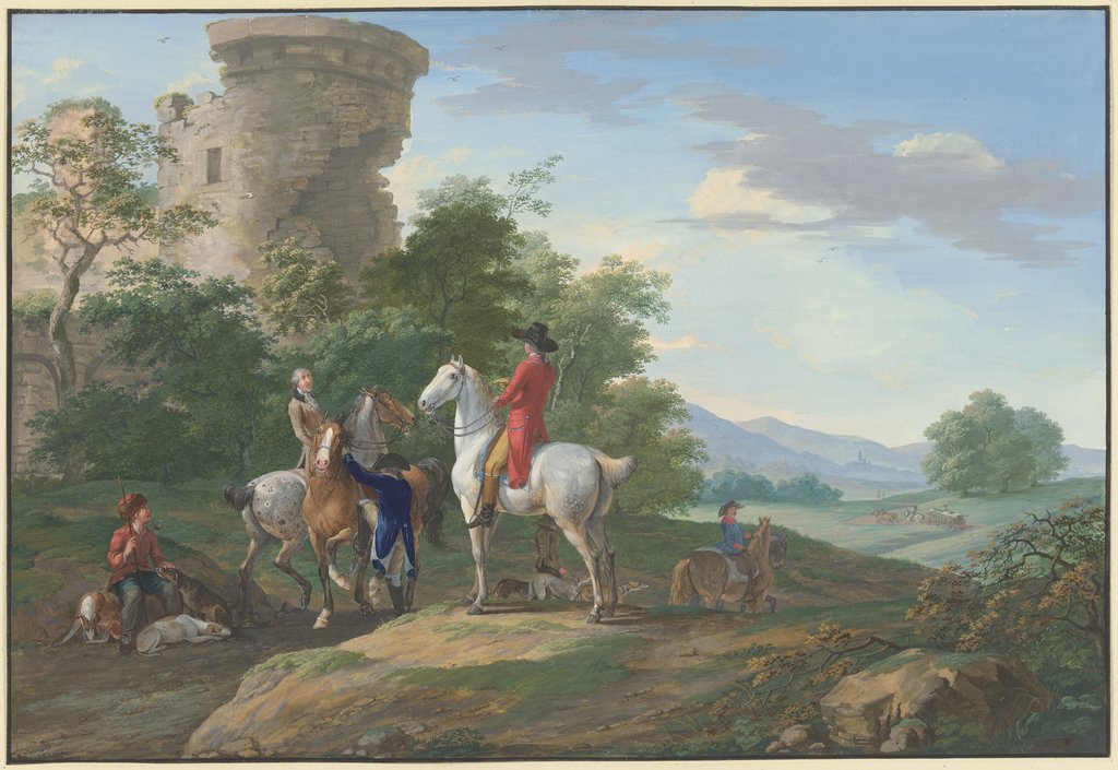 Jäger mit Pferden und Jagdhunden machen bei einer Ruine halt, Johann Georg Pforr