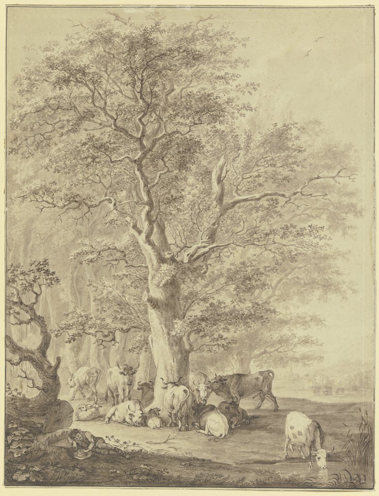 Rinderherde mit zwei Schafen und dem Hirten unter einer Eiche rastend, Johann Georg Pforr
