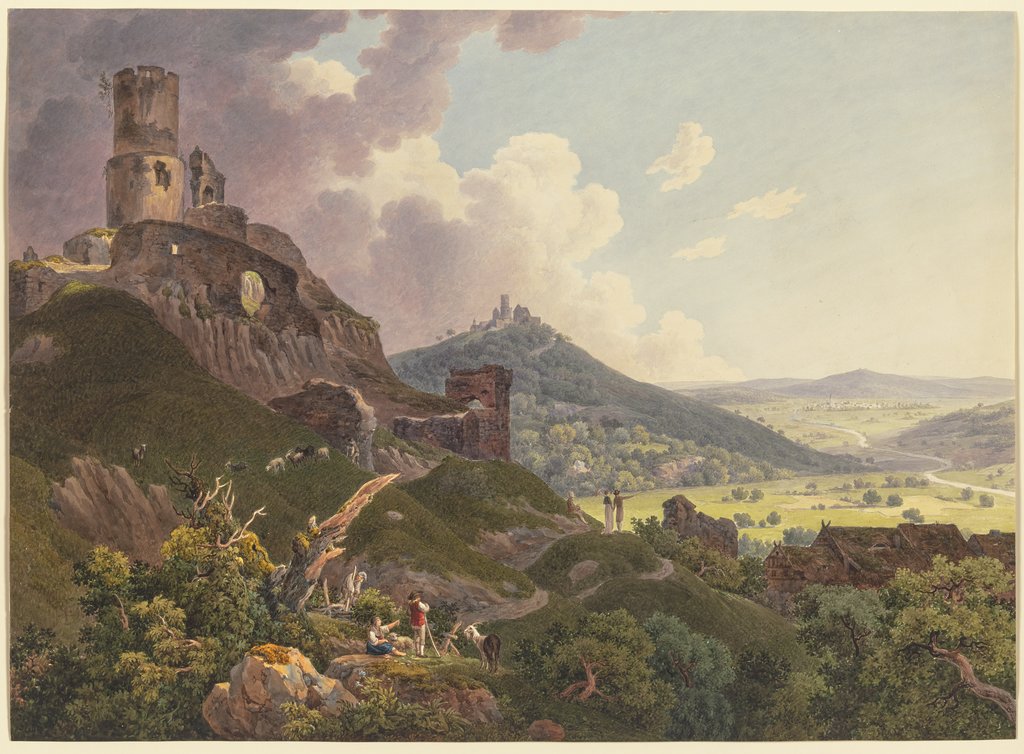 Die Ruinen Gleiberg und Vetzberg bei Gießen, links die beiden Burgruinen auf Bergen, rechts ein weites Tal, im Vordergrund Ausflügler und Hirten, Friedrich Christian Reinermann