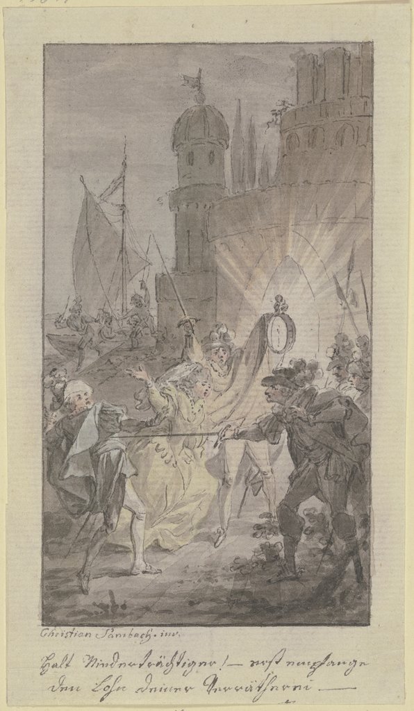 Der Marquis Ferdinand Mazzini ersticht Graf Hippolitus de Vereza, den Geliebten seiner Tochter Julie, im Hintergrund Julie und ihr Bruder Ferdinand, Christian Sambach