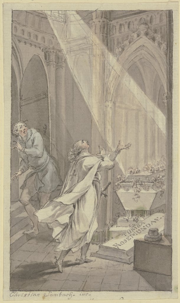 Zwei Männer in einer mittelalterlichen Gruft an einem Sarg, Christian Sambach