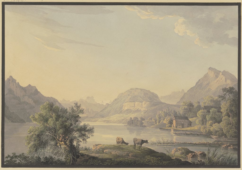 See im Gebirge, im Vordergrund bei einem Weidenbaum zwei Kühe, Carl Philipp Schallhas