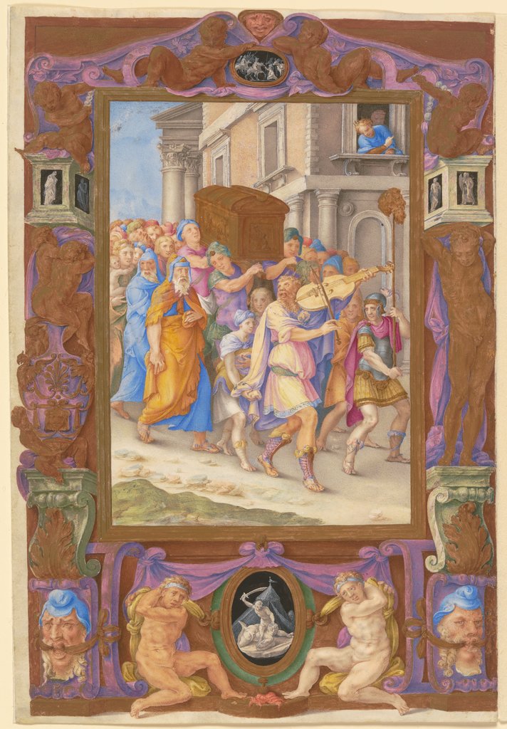 König David tanzt vor der Bundeslade, in einem Zierrahmen, Giulio Clovio