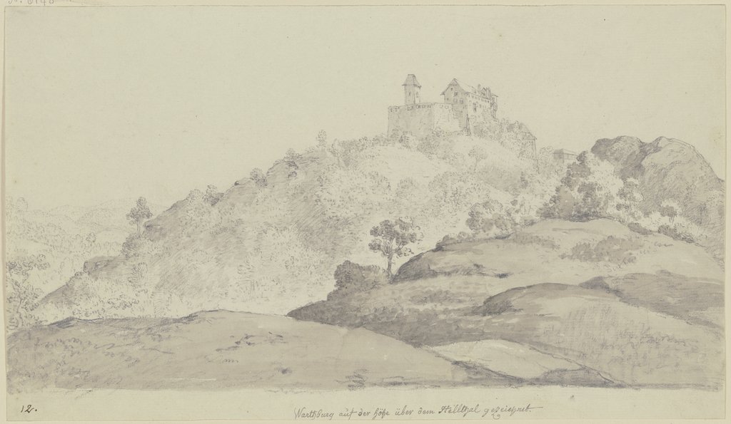 Blick auf die Wartburg von einer hügeligen Gegend aus, über der sich der Berg mit der Burg erhebt, Georg Melchior Kraus