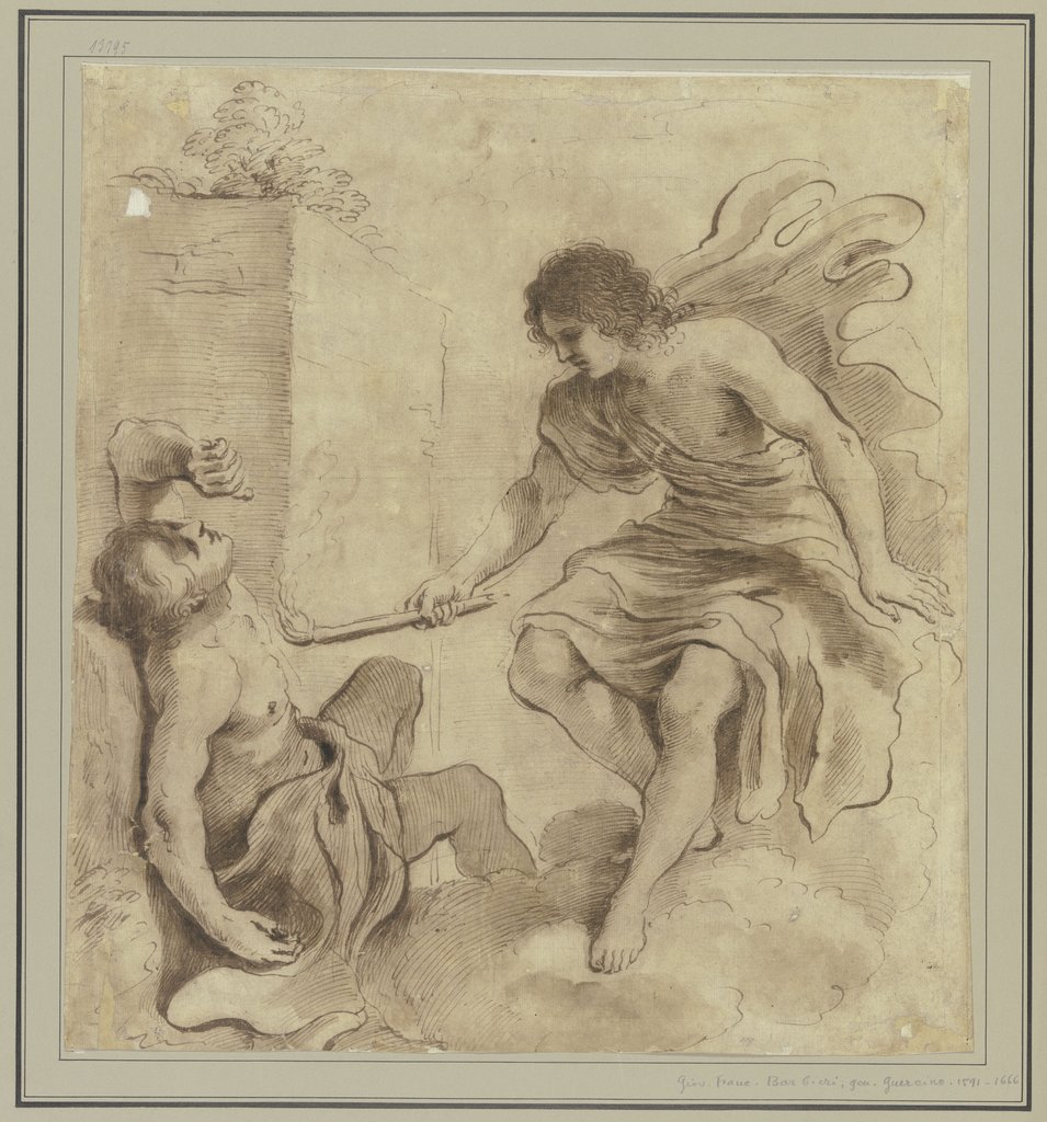 Ungedeutete Darstellung: Eine auf Wolken herabschwebende männliche Gestalt versengt mit seiner lodernden Fackel einen am Boden sitzenden Jüngling, Guercino (Giovanni Francesco Barbieri);   ?