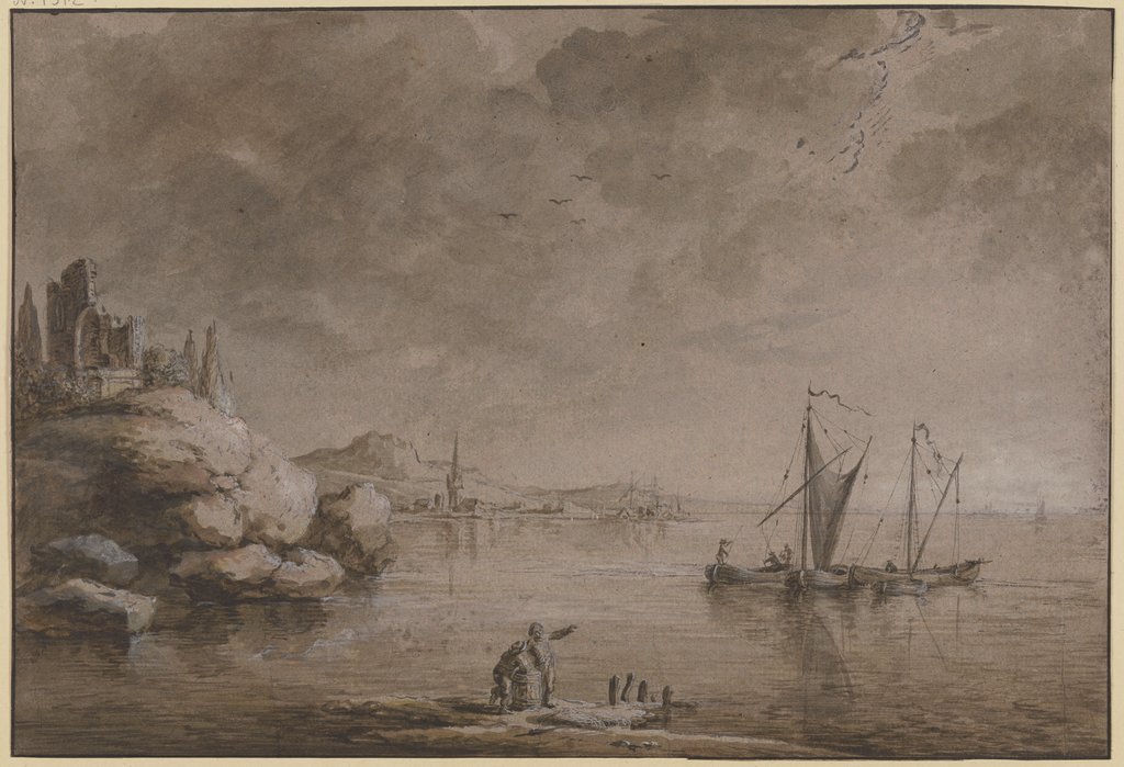 Uferlandschaft mit Felsen, einer Ruine und einem Hafenstädtchen, Johann Ludwig Ernst Morgenstern
