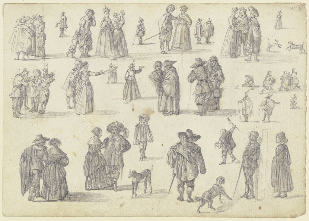 14 Figurenstudien in Einzelfiguren und Gruppen, dazu Hunde, Johann Ludwig Ernst Morgenstern