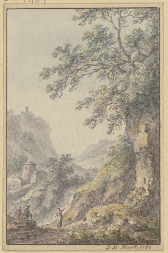 Blick in eine Berglandschaft mit einer Burg, im Vordergrund ein Hohlweg mit drei Figuren, Johann Heinrich Müntz