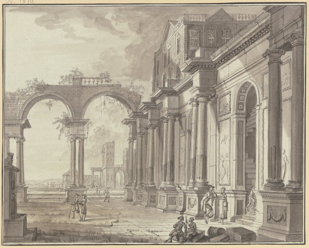 Antiker Palast, links durch zwei Bögen Ausblick auf Architektur in der Ferne, im Vordergrund drei Gruppen mit je zwei Figuren, Christian Stöcklin