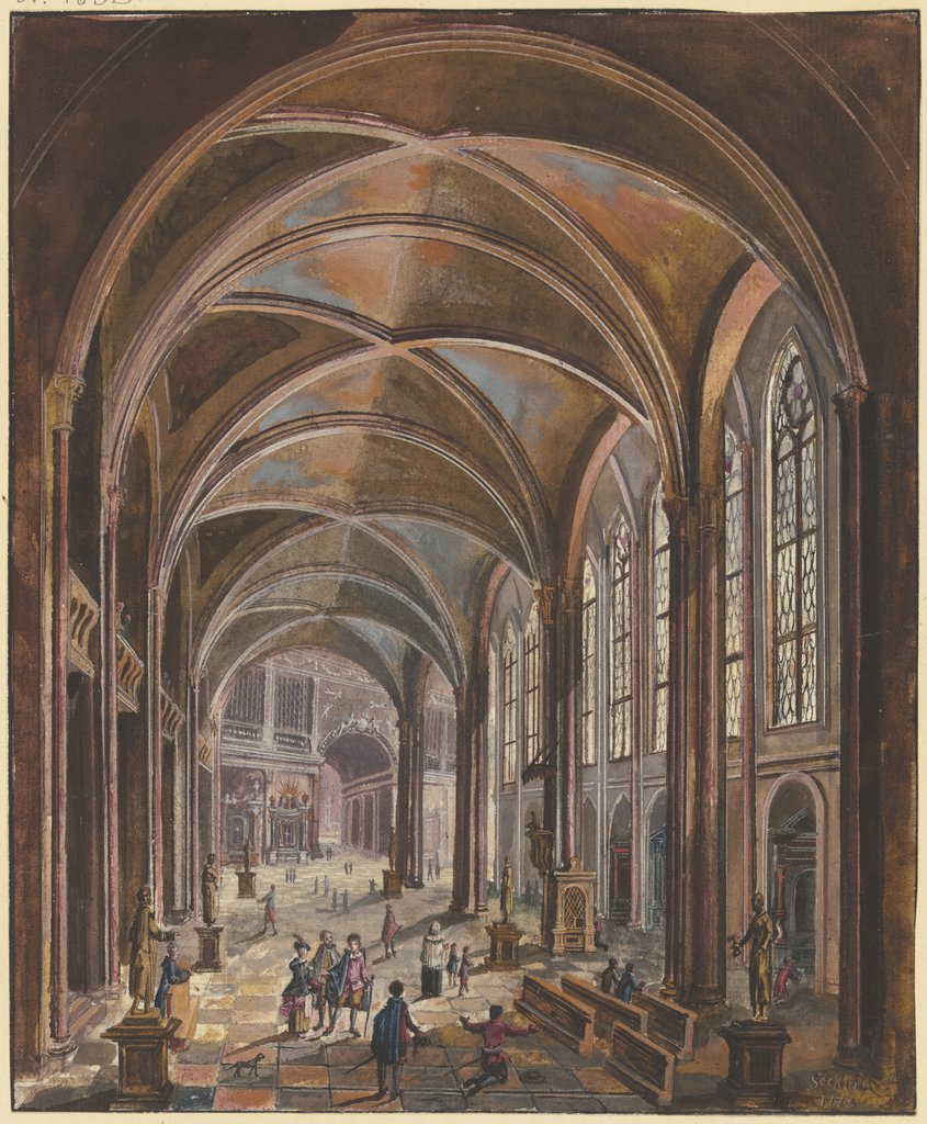 Blick in ein Kircheninneres mit gotischen Fenstern und Barockausstattung, Christian Stöcklin